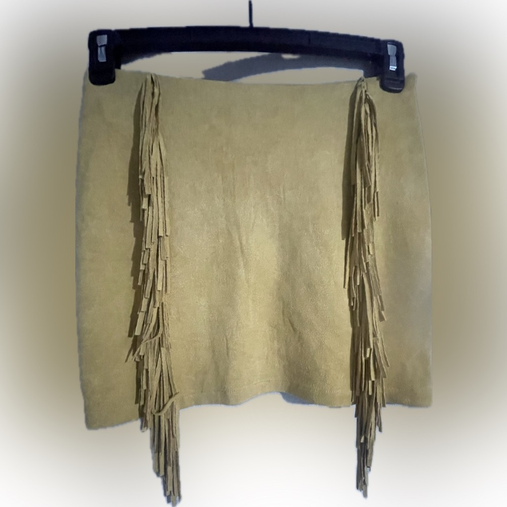 L&B Lucky & Blessed Tan Fringe Suede type Mini Skirt